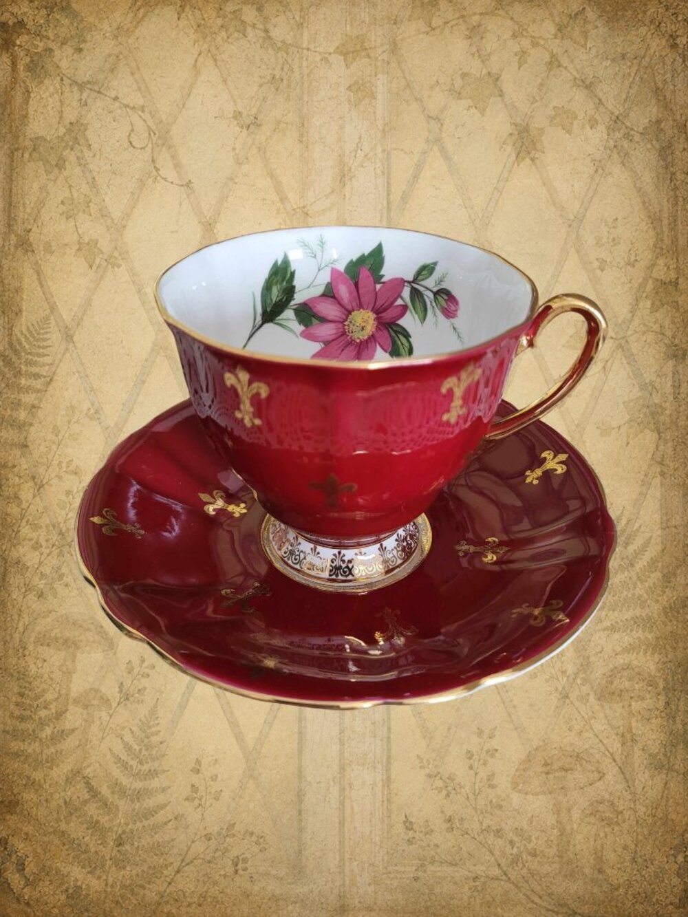 WINDSOR Vintage Burgundy Red & Gold Porcelain Tea Cup
